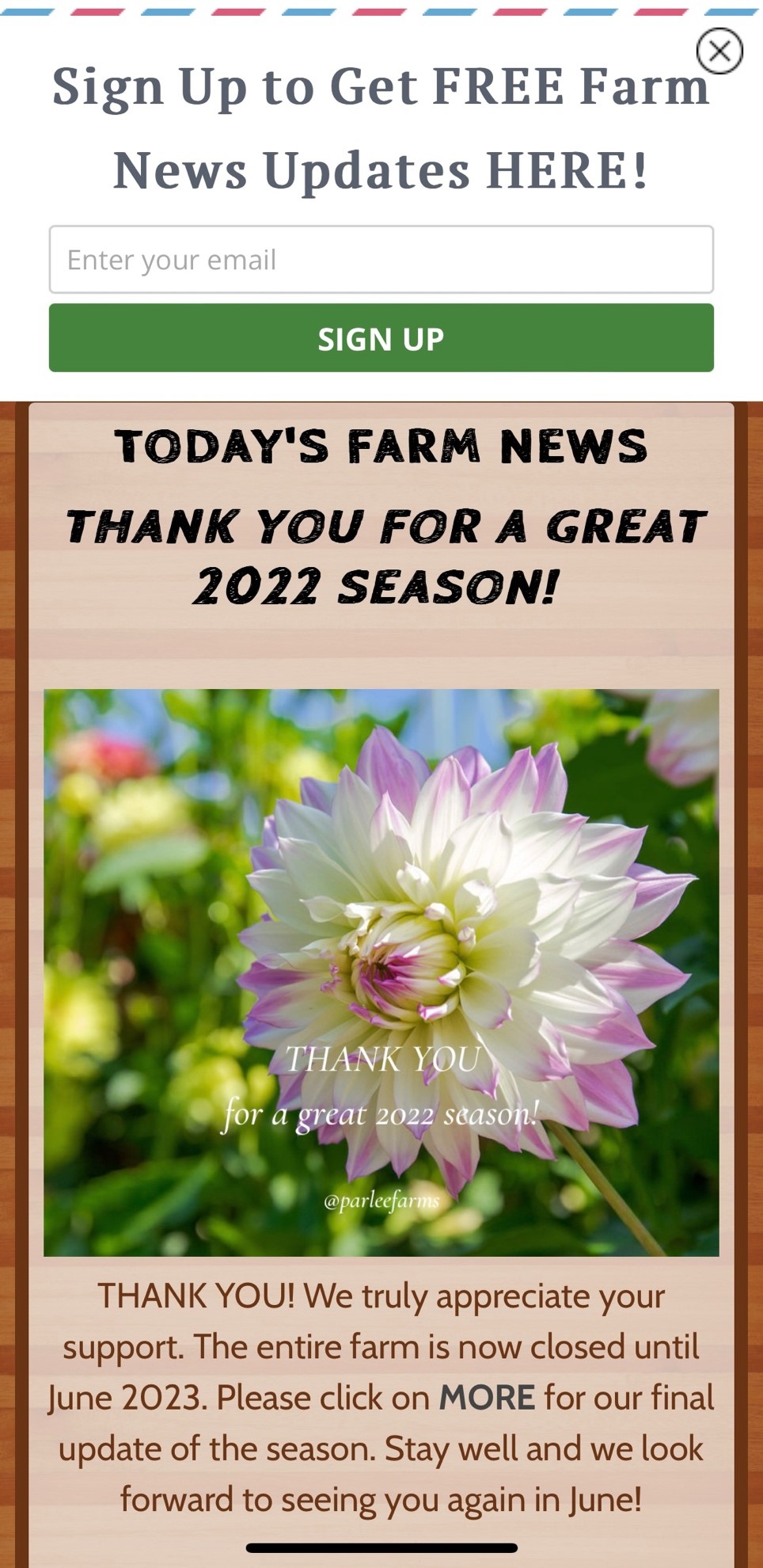 Screenshot of the Today's Farm News page on the Parlee Farms website